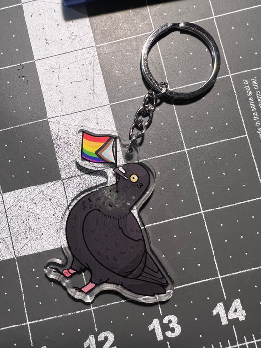 *Progress Pride Pigeon acrylic keychain. 2.5 inches
