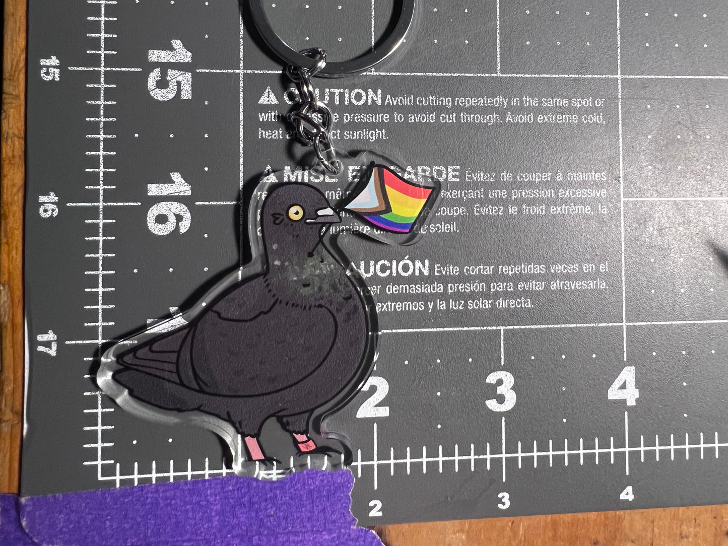 *Progress Pride Pigeon acrylic keychain. 2.5 inches